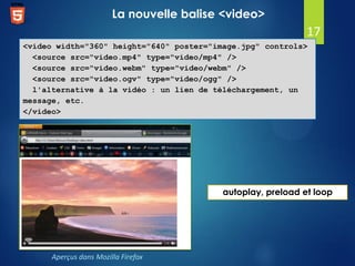 La nouvelle balise <video>

17
<video width="360" height="640" poster="image.jpg" controls>
<source src="video.mp4" type="video/mp4" />
<source src="video.webm" type="video/webm" />
<source src="video.ogv" type="video/ogg" />
l'alternative à la vidéo : un lien de téléchargement, un
message, etc.
</video>

autoplay, preload et loop

Aperçus dans Mozilla Firefox

 