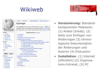 Wikiweb Versionierung:  Standard- komponenten Mediawiki:  (1) Artikel (Inhalt), (2) Seite zum Einfügen von Änderungen (3) chrono- logische Dokumentation der Änderungen und Autoren (4) Diskussion Installation : (1) Internet (öffentlich) (2) Organisa- tions-Intranet, (3) PC 