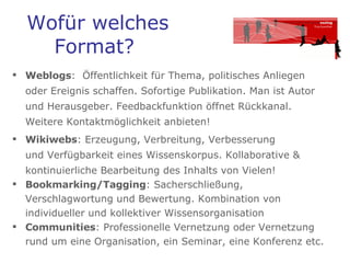 Wofür welches Format?  Weblogs :  Öffentlichkeit für Thema, politisches Anliegen oder Ereignis schaffen. Sofortige Publikation. Man ist Autor und Herausgeber. Feedbackfunktion öffnet Rückkanal. Weitere Kontaktmöglichkeit anbieten!  Wikiwebs : Erzeugung, Verbreitung, Verbesserung  und Verfügbarkeit eines Wissenskorpus. Kollaborative & kontinuierliche Bearbeitung des Inhalts von Vielen!  Bookmarking/Tagging : Sacherschließung, Verschlagwortung und Bewertung. Kombination von individueller und kollektiver Wissensorganisation Communities : Professionelle Vernetzung oder Vernetzung rund um eine Organisation, ein Seminar, eine Konferenz etc.  