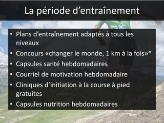 La période d’entraînement

• Plans d’entraînement adaptés à tous les
  niveaux
• Concours «changer le monde, 1 km à la fois»*
• Capsules santé hebdomadaires
• Courriel de motivation hebdomadaire
• Cliniques d’initiation à la course à pied
  gratuites
• Capsules nutrition hebdomadaires
 