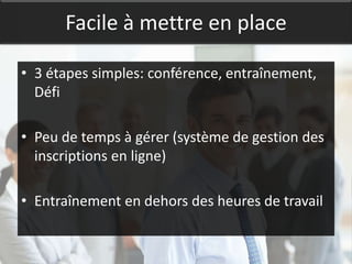 Facile à mettre en place

• 3 étapes simples: conférence, entraînement,
  Défi

• Peu de temps à gérer (système de gestion des
  inscriptions en ligne)

• Entraînement en dehors des heures de travail
 