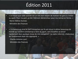 Édition 2011
•   « Je trouve que cette activité est un très bon moyen de motiver les gens à s'initier
    au sport. Pour ma part, ça été l'élément déclencheur pour ma remise en forme. »
     Marie-Hélène Dumais
     Ministère des Finances

•   « J'ai beaucoup aimé le Défi Entreprises car ils ont réussi à attirer beaucoup de
    monde qui veulent commencer à faire du sport, sans toutefois se lancer
    rapidement dans quelque chose de très compétitif ! Le cadre informel, chaleureux
    de l'événement était très approprié. »
     Charles Antoine Lord
     Ministère des finances
 