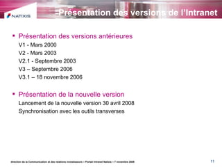 Présentation des versions de l’Intranet direction de la Communication et des relations investisseurs – Portail Intranet Natixis – 7 novembre 2008 Présentation des versions antérieures V1 - Mars 2000 V2 - Mars 2003 V2.1 - Septembre 2003 V3 – Septembre 2006 V3.1 – 18 novembre 2006 Présentation de la nouvelle version Lancement de la nouvelle version 30 avril 2008 Synchronisation avec les outils transverses 