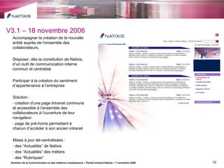 direction de la Communication et des relations investisseurs – Portail Intranet Natixis – 7 novembre 2008 V3.1 – 18 novembre 2006 Accompagner la création de la nouvelle entité auprès de l’ensemble des collaborateurs. Disposer, dès la constitution de Natixis, d’un outil de commuinication interne commun et centralisé Participer à la création du sentiment d’appartenance à l’entreprise Solution :  création d’une page Intranet commune et accessible à l’ensemble des collaborateurs à l’ouverture de leur navigateur  page de pré-home permettant à chacun d’accèder à son ancien intranet Mises à jour dé-centralisées : des “Actualités” de Natixis des “Actualités” des métiers des “Rubriques” 