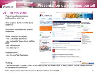 Présentation du nouveau portail direction de la Communication et des relations investisseurs – Portail Intranet Natixis – 7 novembre 2008 V4 – 30 avril 2008 Page d’accueil personnalisée  (collaborateur reconnu) Mise en place d’une nouvelle chare graphique Un intranet complet tourné vers les utilisateurs Mises à jour dé-centralisées : des “Actualités” de Natixis des “Actualités” des métiers via Flux RSS des “Nouveautés” des “Rubriques” Personalisation : des “Favoris” par l’utilisateur Profiling :  Reconnaissance du collaborateur = affichage de ses actualités métier et de son portail intranet métier ainsi que de ses espaces collaboratifs 