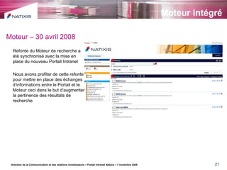 Moteur intégré direction de la Communication et des relations investisseurs – Portail Intranet Natixis – 7 novembre 2008 Moteur – 30 avril 2008 Refonte du Moteur de recherche a été synchronisé avec la mise en place du nouveau Portail Intranet Nous avons profiter de cette refonte pour mettre en place des échanges d’informations entre le Portail et le Moteur ceci dans le but d’augmenter la pertinence des résultats de recherche 