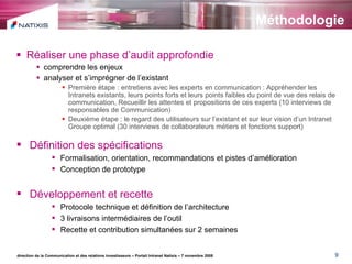 Méthodologie Réaliser une phase d’audit approfondie comprendre les enjeux analyser et s’imprégner de l’existant Première étape : entretiens avec les experts en communication : Appréhender les Intranets existants, leurs points forts et leurs points faibles du point de vue des relais de communication, Recueillir les attentes et propositions de ces experts (10 interviews de responsables de Communication) Deuxième étape : le regard des utilisateurs sur l’existant et sur leur vision d’un Intranet Groupe optimal (30 interviews de collaborateurs métiers et fonctions support) direction de la Communication et des relations investisseurs – Portail Intranet Natixis – 7 novembre 2008 Définition des spécifications Formalisation, orientation, recommandations et pistes d’amélioration Conception de prototype Développement et recette Protocole technique et définition de l’architecture 3 livraisons intermédiaires de l’outil Recette et contribution simultanées sur 2 semaines 