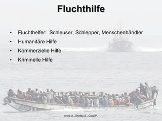 Fluchthilfe Fluchthelfer:  Schleuser, Schlepper, Menschenhändler Humanitäre Hilfe Kommerzielle Hilfe Kriminelle Hilfe Anna A., Shirley S., Giusi P. 