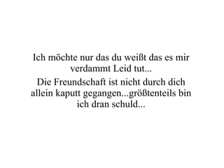 Ich möchte nur das du weißt das es mir verdammt Leid tut... Die Freundschaft ist nicht durch dich allein kaputt gegangen...größtenteils bin ich dran schuld... 