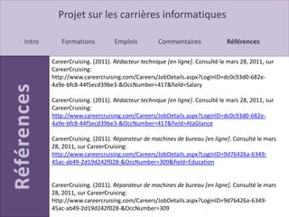 Emplois : Rédacteur TechniqueCarrières qui touchent ce programme : Rédacteur publicitaire                                                                        Sténographe judiciaire                                                                       Opérateur en éditiqueVariation de salaire : 40 000 $ à 50 000 $ par année Exemple de carrière : Font de la recherche à un sujet 