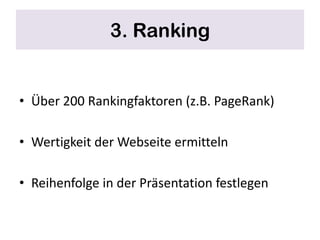 2. IndexingIndizieren der Seiten um einen Index zu kreieren von jedem Wort und jedem Platz an dem es vorkommt.Nicht alles was gecrawlt wird, landet im Index!