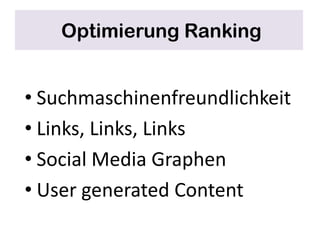 Validität/HTML Standards beachtenDokumentengliederungPosition der SuchbegriffeOptimierung Crawling/Indexing