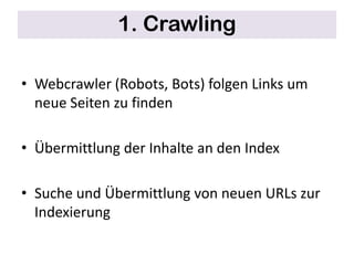 1. CrawlingWebcrawler (Robots, Bots) folgen Links um neue Seiten zu finden