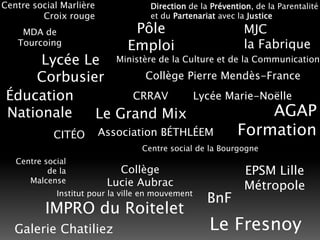 Centre social MarlièreCroix rougeDirection de la Prévention, de la Parentalitéet du Partenariat avec la JusticePôle EmploiMJCla FabriqueMDA de TourcoingLycée Le CorbusierMinistère de la Culture et de la CommunicationCollège Pierre Mendès-FranceÉducation NationaleLycée Marie-NoëlleCRRAVAGAP FormationLe Grand MixAssociation BÉTHLÉEMCITÉOCentre social de la BourgogneCentre socialde la MalcenseCollègeLucie AubracEPSM Lille MétropoleInstitut pour la ville en mouvementBnFIMPRO du RoiteletLe FresnoyGalerie Chatiliez