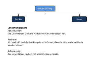 UnterstützungKlerikerHexerRüstungsstufe	10				Rüstungsstufe	10Zweihandwaffen	4				Zweihandwaffen	4Einhandwaffen	4				Einhandwaffen	4Schilde		4				Zauber Zirkel	6Zauber Zirkel	7				Zauber Zirkel	7Polymorph Stufe	4				Polymorph Stufe	4