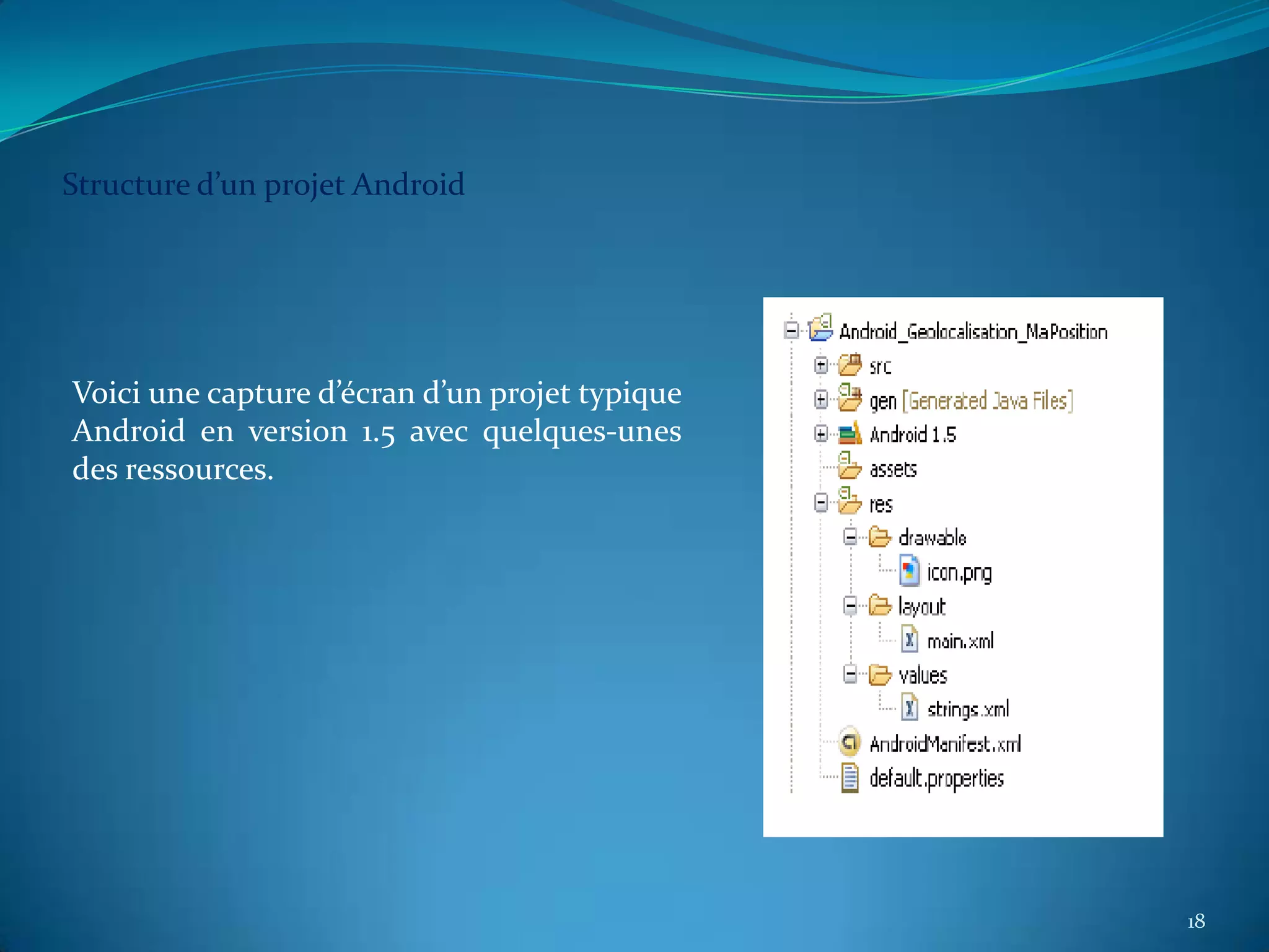 Structure d’un projet Android




Voici une capture d’écran d’un projet typique
Android en version 1.5 avec quelques-unes
des ressources.




                                                18
 