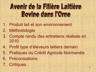 Produit lait et son environnement Méthodologie Compte rendu des entretiens réalisés en 2010 Profil type d’éleveurs laitiers demain Pratiques du Crédit Agricole Normandie Préconisations Critiques Avenir de la Filière Laitière Bovine dans l'Orne 