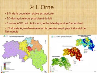 9 % de la population active est agricole 2/3 des agriculteurs produisent du lait 3 zones AOC Lait : le Livarot, le Pont-l'évêque et le Camembert L’Industrie Agro-alimentaire est le premier employeur industriel de Normandie L’Orne 