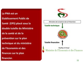 La PNA est un
Etablissement Public de
                                   Ministère de la Santé et de la Prévention
Santé (EPS) placé sous la
                              Tutelle technique
double tutelle du Ministère
de la santé et de la
prévention sur le plan
                              Tutelle financière
technique et du ministère
de l’économie et des
finances sur le plan
financier.
                                                                               11
 