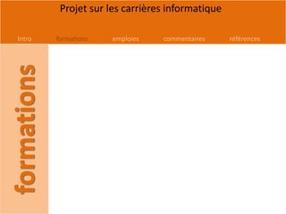 Projet sur les carrières informatique

Intro   formations   emploies   commentaires     références
 