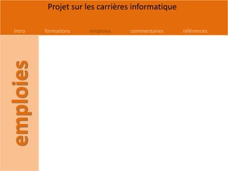 Projet sur les carrières informatique

Intro   formations   emploies   commentaires     références
 