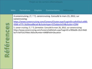Projet sur les carriers informatiques


Intro    Formations       Emplois       Commentaires        Références

  4.careercruising. (?, ? ?). careercruising. Consulté le mars 23, 2012, sur
  careercruising:
  https://www.careercruising.com/Careers/Cluster.aspx?LoginID=ca9c93cd-a490-
  4366-a775-1b26eaa0bcad-&clustertype=CCSubjectsCA&cluster=COM
  5. career cruising. (?, ? ?). formation. Consulté le mars 26, 2012, sur careercruising:
  https://www.careercruising.com/Careers/JobDetails.aspx?LoginID=a789da0b-c9cd-44e8-
  ba75-bd752c3766e1-&OccNumber=640&field=Education
 