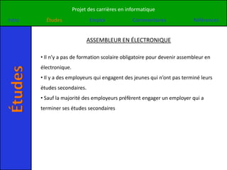 Projet des carrières en informatique
Intro      Études               Emploi             Commentaires             Références


                               ASSEMBLEUR EN ÉLECTRONIQUE

         • Il n’y a pas de formation scolaire obligatoire pour devenir assembleur en
         électronique.
Études


         • Il y a des employeurs qui engagent des jeunes qui n’ont pas terminé leurs
         études secondaires.
         • Sauf la majorité des employeurs préfèrent engager un employer qui a
         terminer ses études secondaires
 