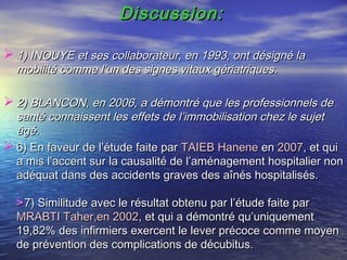 Discussion:

 1) INOUYE et ses collaborateur, en 1993, ont désigné la
  mobilité comme l’un des signes vitaux gériatriques.

 2) BLANCON, en 2006, a démontré que les professionnels de
  santé connaissent les effets de l’immobilisation chez le sujet
  âgé.
 6) En faveur de l’étude faite par TAIEB Hanene en 2007, et qui
  a mis l’accent sur la causalité de l’aménagement hospitalier non
  adéquat dans des accidents graves des aînés hospitalisés.

  > 7) Similitude avec le résultat obtenu par l’étude faite par
  MRABTI Taher,en 2002, et qui a démontré qu’uniquement
  19,82% des infirmiers exercent le lever précoce comme moyen
  de prévention des complications de décubitus.
 