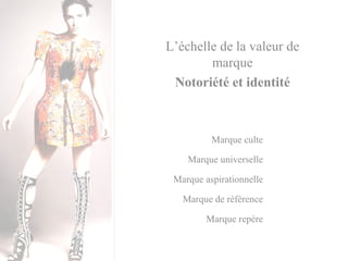 L’échelle de la valeur de marque Notoriété et identité Marque culte Marque universelle Marque aspirationnelle Marque de référence Marque repère 