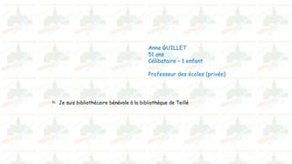 Anne GUILLET
51 ans
Célibataire – 1 enfant
Professeur des écoles (privée)

Je suis bibliothécaire bénévole à la bibliothèque de Teillé

 