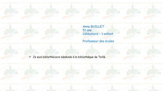 Anne GUILLET
51 ans
Célibataire – 1 enfant
Professeur des écoles

Je suis bibliothécaire bénévole à la bibliothèque de Teillé

 