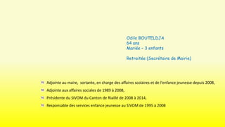 Odile BOUTELDJA
64 ans
Mariée – 3 enfants
Retraitée (Secrétaire de Mairie)

Adjointe au maire, sortante, en charge des affaires scolaires et de l'enfance jeunesse depuis 2008,
Adjointe aux affaires sociales de 1989 à 2008,
Présidente du SIVOM du Canton de Riaillé de 2008 à 2014,
Responsable des services enfance jeunesse au SIVOM de 1995 à 2008

 