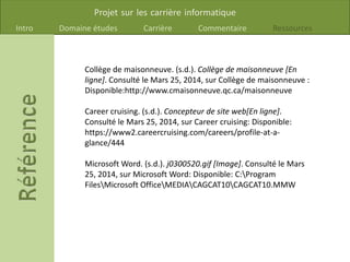 Projet sur les carrière informatique
Intro Domaine études Carrière Commentaire Ressources
Collège de maisonneuve. (s.d.). Collège de maisonneuve [En
ligne]. Consulté le Mars 25, 2014, sur Collège de maisonneuve :
Disponible:http://www.cmaisonneuve.qc.ca/maisonneuve
Career cruising. (s.d.). Concepteur de site web[En ligne].
Consulté le Mars 25, 2014, sur Career cruising: Disponible:
https://www2.careercruising.com/careers/profile-at-a-
glance/444
Microsoft Word. (s.d.). j0300520.gif [Image]. Consulté le Mars
25, 2014, sur Microsoft Word: Disponible: C:Program
FilesMicrosoft OfficeMEDIACAGCAT10CAGCAT10.MMW
 