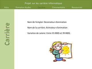 Projet sur les carrière informatique
Intro Domaine études Carrière Commentaire Ressources
Nom de l’emploi: Dessinateur d’animation
Nom de la carrière: Animateur d’animation
Variation de salaire: Entre 25 000$ et 70 000$
 