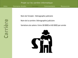 Projet sur les carrière informatique
Intro Domaine études Carrière Commentaire Ressources
Nom de l’emploi : Sténographe judiciaire
Nom de la carrière: Sténographie judiciaire
Variations de salaire: Entre 30 000$ et 60 000$ par année
 