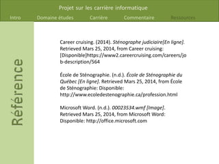Projet sur les carrière informatique
Intro Domaine études Carrière Commentaire Ressources
Career cruising. (2014). Sténographe judiciaire[En ligne].
Retrieved Mars 25, 2014, from Career cruising:
[Disponible]https://www2.careercruising.com/careers/jo
b-description/564
École de Sténographie. (n.d.). École de Sténographie du
Québec [En ligne]. Retrieved Mars 25, 2014, from École
de Sténographie: Disponible:
http://www.ecoledestenographie.ca/profession.html
Microsoft Word. (n.d.). 00023534.wmf [Image].
Retrieved Mars 25, 2014, from Microsoft Word:
Disponible: http://office.microsoft.com
 