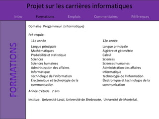 Projet sur les carrières informatiques
Intro Formations Emplois Commentaires Références
Domaine: Progammeur (informatique)
Pré-requis:
11e année 12e année
Langue principale
Mathématiques
Probabilité et statistique
Sciences
Sciences humaines
Administration des affaires
Informatique
Technologie de l'information
Électronique et technologie de la
communication
Langue principale
Algèbre et géométrie
Calcul
Sciences
Sciences humaines
Administration des affaires
Informatique
Technologie de l'information
Électronique et technologie de la
communication
Année d’étude: 2 ans
Institue: Université Laval, Université de Shebrooke, Université de Montréal.
 
