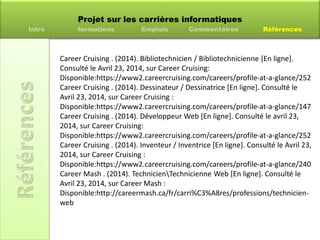 Projet sur les carrières informatiques
Intro formations Emplois Commentaires Références
Career Cruising . (2014). Bibliotechnicien / Bibliotechnicienne [En ligne].
Consulté le Avril 23, 2014, sur Career Cruising:
Disponible:https://www2.careercruising.com/careers/profile-at-a-glance/252
Career Cruising . (2014). Dessinateur / Dessinatrice [En ligne]. Consulté le
Avril 23, 2014, sur Career Cruising :
Disponible:https://www2.careercruising.com/careers/profile-at-a-glance/147
Career Cruising . (2014). Développeur Web [En ligne]. Consulté le avril 23,
2014, sur Career Cruising:
Disponible:https://www2.careercruising.com/careers/profile-at-a-glance/252
Career Cruising . (2014). Inventeur / Inventrice [En ligne]. Consulté le Avril 23,
2014, sur Career Cruising :
Disponible:https://www2.careercruising.com/careers/profile-at-a-glance/240
Career Mash . (2014). TechnicienTechnicienne Web [En ligne]. Consulté le
Avril 23, 2014, sur Career Mash :
Disponible:http://careermash.ca/fr/carri%C3%A8res/professions/technicien-
web
 