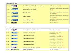 Programme rugby du 16 au 18 mai