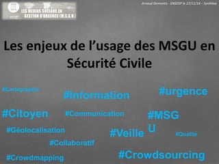 Arnaud Demontis - ENSOSP le 27/11/14 – Synthèse 
Les enjeux de l’usage des MSGU en 
Sécurité Civile 
#Cartographie #urgence 
#MSG 
U 
#Information 
#Citoyen #Communication 
#Géolocalisation #Veille 
#Collaboratif 
#Qualité 
#Crowdmapping #Crowdsourcing 
 