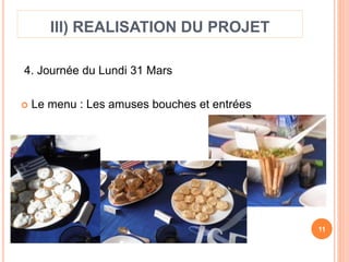 III) REALISATION DU PROJET 
4. Journée du Lundi 31 Mars 
 Le menu : Les amuses bouches et entrées 
11 
 