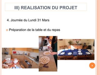 III) REALISATION DU PROJET 
4. Journée du Lundi 31 Mars 
 Préparation de la table et du repas 
9 
 