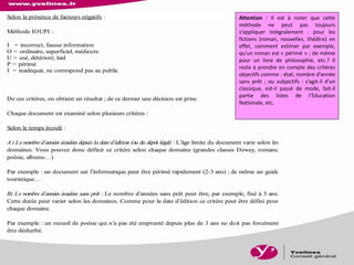 Selon la présence de facteurs négatifs :
Méthode IOUPI :
I = incorrect, fausse information
O = ordinaire, superficiel, médiocre
U = usé, détérioré, laid
P = périmé
I = inadéquat, ne correspond pas au public
De ces critères, on obtient un résultat ; de ce dernier une décision est prise.
Chaque document est examiné selon plusieurs critères :
Selon le temps écoulé :
A ) Lenombred’années écoulées depuis la dated’édition (ou du dépôt légal) : L’âge limite du document varie selon les
domaines. Vous pouvez donc définir ce critère selon chaque domaine (grandes classes Dewey, romans,
poésie, albums…)
Par exemple : un document sur l’informatique peut être périmé rapidement (2-3 ans) ; de même un guide
touristique…
B) Le nombre d’années écoulées sans prêt : Le nombre d’années sans prêt peut être, par exemple, fixé à 3 ans.
Cette durée peut varier selon les domaines. Comme pour la date d’édition ce critère peut être défini pour
chaque domaine.
Par exemple : un recueil de poésie qui n’a pas été emprunté depuis plus de 3 ans ne doit pas forcément
être désherbé.
Attention : Il est à noter que cette
méthode ne peut pas toujours
s’appliquer intégralement : pour les
fictions (roman, nouvelles, théâtre) en
effet, comment estimer par exemple,
qu’un roman est « périmé » ; de même
pour un livre de philosophie, etc.? Il
reste à prendre en compte des critères
objectifs comme : état, nombre d’année
sans prêt ; ou subjectifs : s’agit-il d’un
classique, est-il passé de mode, fait-il
partie des listes de l’Education
Nationale, etc.
 
