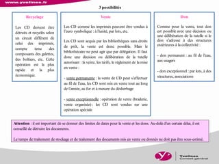 3 possibilités
Attention : il est important de se donner des limites de dates pour la vente et les dons. Au-delà d’un certain délai, il est
conseillé de détruire les documents.
Le temps de traitement de stockage et de traitement des documents mis en vente ou donnés ne doit pas être sous-estimé.
Recyclage
Les CD doivent être
détruits et recyclés selon
un circuit différent de
celui des imprimés,
compte tenu des
composants des galettes,
des boîtiers, etc. Cette
opération est la plus
rapide et la plus
économique.
Vente
Les CD comme les imprimés peuvent être vendus à
l’euro symbolique : à l’unité, par lots, etc.
Les CD sont acquis par les bibliothèques sans droits
de prêt, la vente est donc possible. Mais le
bibliothécaire ne peut agir que par délégation. Il faut
donc une décision ou délibération de la tutelle
autorisant : la vente, les tarifs, le règlement de la mise
en vente :
- vente permanente : la vente de CD peut s’effectuer
au fil de l’eau, les CD sont mis en vente tout au long
de l’année, au fur et à mesure du désherbage
- vente exceptionnelle : opération de vente (braderie,
vente organisée) : les CD sont vendus sur une
opération spéciale
Don
Comme pour la vente, tout don
est possible avec une décision ou
une délibération de la tutelle si le
don s’adresse à des structures
extérieures à la collectivité :
- don permanent : au fil de l’eau,
aux usagers
- don exceptionnel : par lots, à des
structures, associations
 