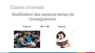 Classe inversée
Modification des espaces-temps de
l’enseignement.
Présence Distance
16
 