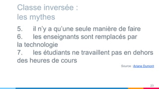 Classe inversée :
les mythes
5. il n’y a qu’une seule manière de faire
6. les enseignants sont remplacés par
la technologie
7. les étudiants ne travaillent pas en dehors
des heures de cours
Source : Ariane Dumont
23
 