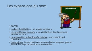 Les expansions du nom
• RAPPEL
• L adjectif épithète: « un visage sombre »
• Le complément du nom: « un vieillard en deuil avec une
montre en or »…
• La proposition subordonnée relative: « un chemin qui
chemine »
• L’apposition: je suis parti vers les pays bleus, les pays, gras et
juteux, les pays de passions tourmentées….
 