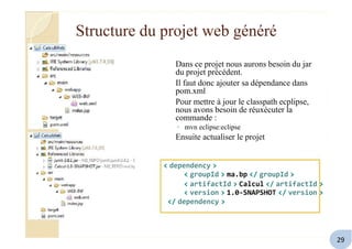 Structure du projet web généré
Dans ce projet nous aurons besoin du jar
du projet précédent.
Il faut donc ajouter sa dépendance dans
pom.xml
Pour mettre à jour le classpath ecplipse,
nous avons besoin de réuxécuter la
commande :
◦ mvn eclipse:eclipse
Ensuite actualiser le projet
< dependency >
< groupId > ma.bp </ groupId >
< artifactId > Calcul </ artifactId >
< version > 1.0-SNAPSHOT </ version >
</ dependency >
29
 
