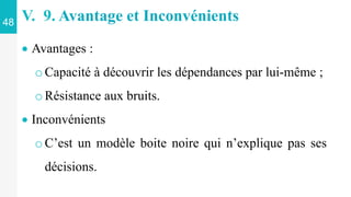  Avantages :
oCapacité à découvrir les dépendances par lui-même ;
o Résistance aux bruits.
 Inconvénients
o C’est un modèle boite noire qui n’explique pas ses
décisions.
V. 9. Avantage et Inconvénients
48
 