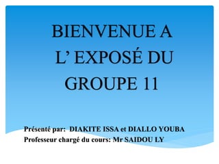 BIENVENUE A
L’ EXPOSÉ DU
GROUPE 11
Présenté par: DIAKITE ISSA et DIALLO YOUBA
Professeur chargé du cours: Mr SAIDOU LY
 